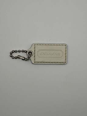 Coach White Leather Hangtag Keychain Purse Charm with Silver Chain